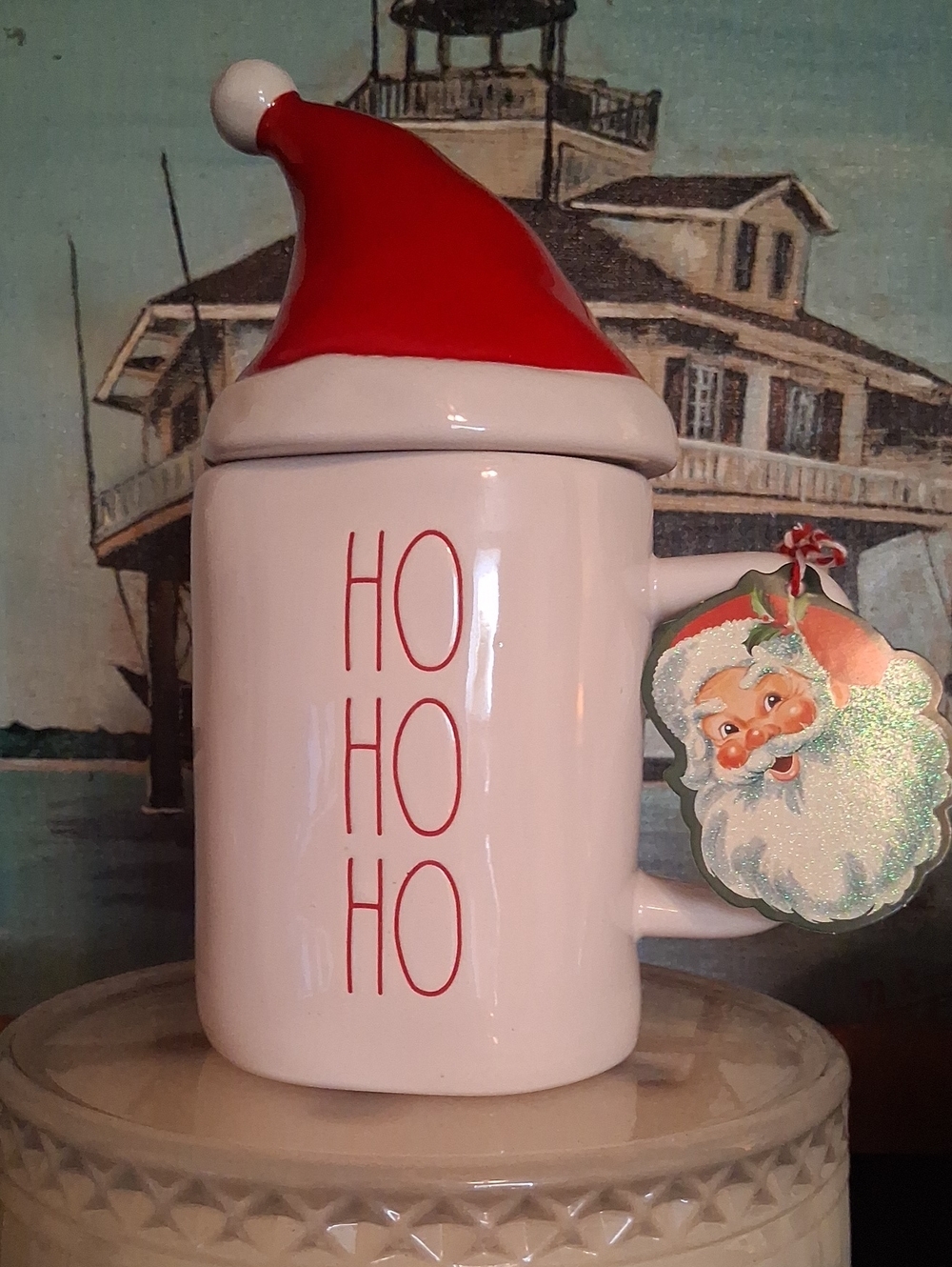 🎄Rae Dunn White Ceramic 'HO HO HO' Mug with Red Santa Hat Lid